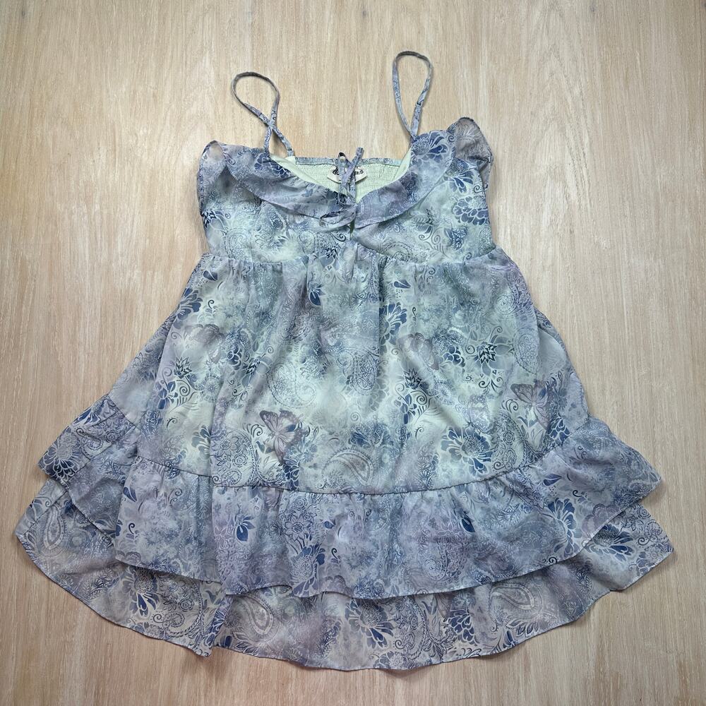 No Boundaries Fairycore Y2K Blue Paisley Ruffle Tiered Mini Cami Dress L 12-14